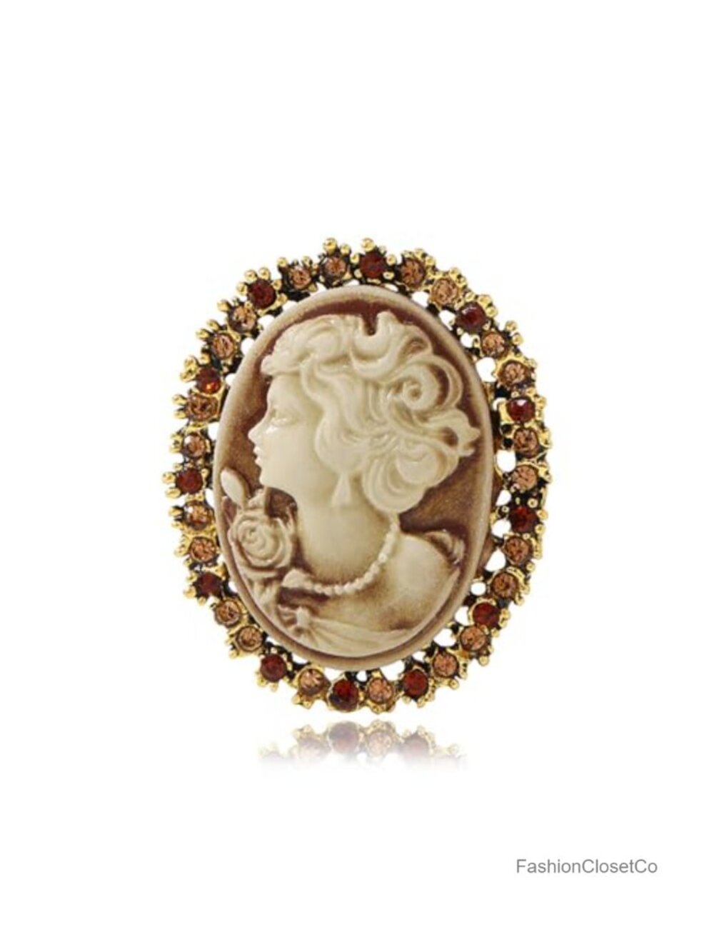 Victorian Cameo Lady Portrait Rhinestone Crystal Brooch Pin